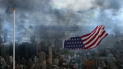 USA flag against storm in big city 3d illustration