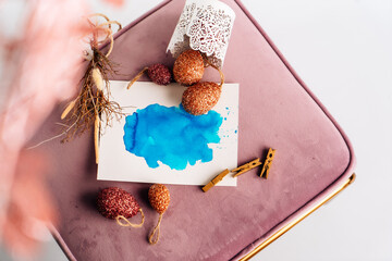 Mock up, Farbklecks türkis, Aquarell Osterei Ostern, orange, rot, gold, easter egg, easter, splash...