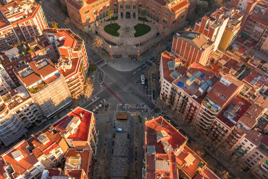 Aerial Drone Shot Of Crossroad In Barcelona In Morning Sunrise