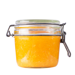 Orange jam in a jar on an isolated background.