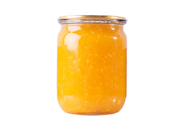 Orange marmalade jam in a jar on a white isolated background.