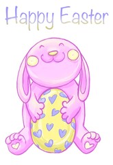 Hand drawn illustration of a pink Easter rabbit holding a yellow egg. Greeting postcard. Happy Easter.