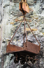 Vintage rail truck suspended over quarry 8139