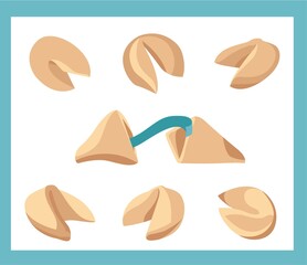 Chinese fortune cookie set. Vector illustration.  Isolated on white. Food, dessert, good fortune theme design element.