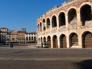 Arena di Verona, the ancient Roman amphitheatre, named as a UNESCO World Heritage Site and popular tourist destination. Verona, Italy - March 2021.