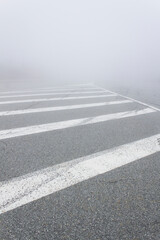 Grey morning asphalt drive car road with white lines and  fog 