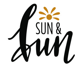 Sun and Fun handwritten lettering vector icon. Summer seasonal phrase icon emblem for cards, banners, posters, mug, notebooks, scrapbooking, pillow case and clothes design. Trendy gold colour