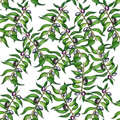 Watercolour illustration. Seamless pattern with fresh green olive branches and black olives, drawn by hand.