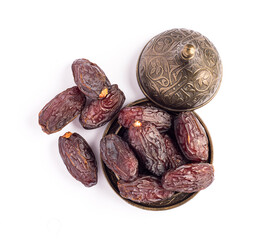 HURMA, Dates. Dried dates fruit on white background. Popular fruit of Ramadan. .