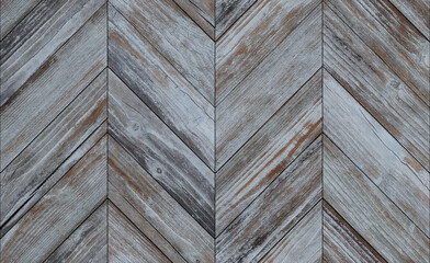 Seamless aged  wooden wall with chevron pattern made of barn boards. Old weathered wood texture with cracks and scratches.  - 420136511
