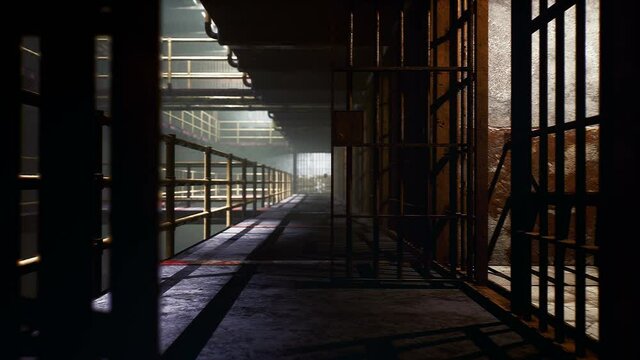 An old prison with opening jail cells. The animation is intended for crime stories, violence, or historical background. View of the old empty prison.