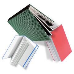 Flying books in colour covers with white sheets isolated on a white background