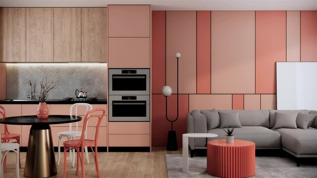 interior of modern room with furniture. contemporary apartment style. the room has peach pattern wall, pan right shot video 4k animation	