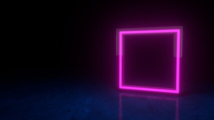 Futuristic neon glowing purple square symbol on black dark background with blurred reflection. Form glass rim. Geometric shape element. Neon frame sign in the shape of a square. 3d render