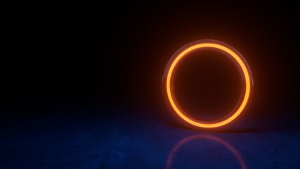 Orange neon round frame, circle, ring shape, empty space. Fashion show stage, abstract background. Minimal banner mockup. 3d render