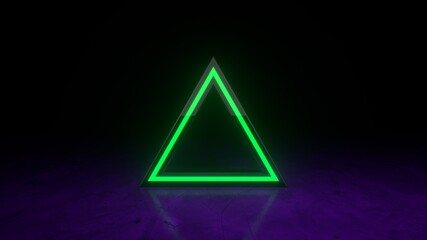 Green neon triangular frame with shining effects on dark purple background. Abstract of geometric shapes. Modern background design for poster, cover, branding, banner. 3d render
