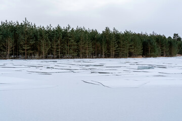 The forest lake is covered with snow-covered broken ice. Layers of cracked ice on a body of water. Early spring in a coniferous forest. Nature background