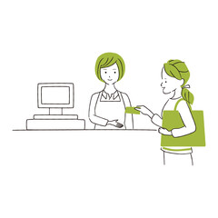 手描き1color  イラスト　レジ　女性　カード　自動精算機