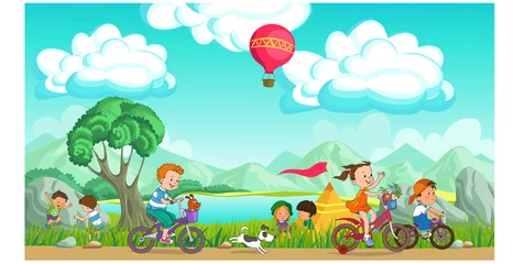 Fototapeten Colorful vector illustration. Summer children's rest. Happy children are resting on a picturesque meadow. They ride bicycles, play against the backdrop of mountains and blue skies. © ellagrin
