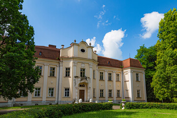 Old  palace of Archbishops in park. Obroshino village near Lviv city. Ukraine.