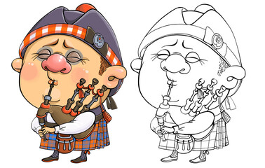 Vector cartoon for coloring. A funny illustration of a cute British piper in national costume with a musical instrument.