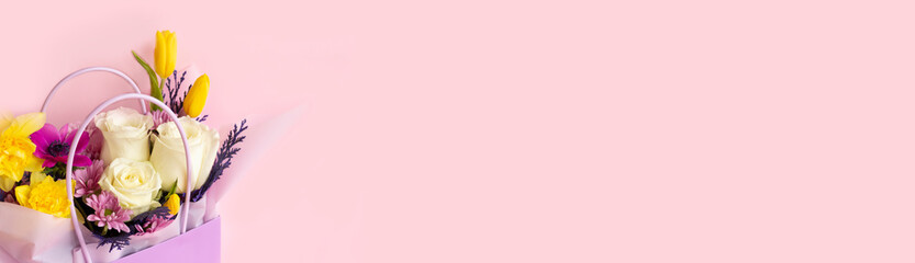 Baner bouquet. Floristic, festive flower bouquet arrangement on trendy backdrop with copy space. Greeting card bouquet for mothers day or womens day 8 march.