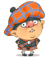 Funny cartoon vector. Illustration of a cute british guy in Scottish national dress.