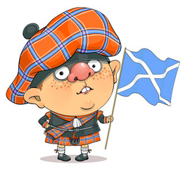 Funny cartoon vector. Illustration of a cute british guy in a Scottish national costume and the flag of Scotland