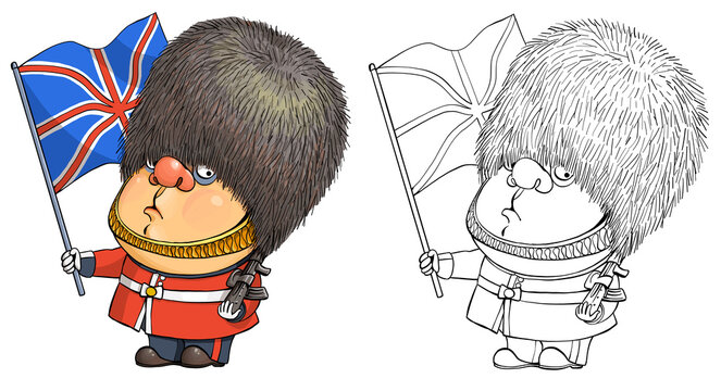 Vector cartoon for coloring. Funny illustration of a cute british guardsman holding the national flag of Great Britain