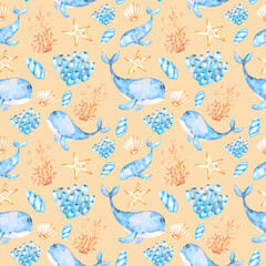 Watercolor marine pattern of multicolored seashells,starfish, multicolored corals and blue whales for design, decoration.Great for cards, posters,coupons,baby products,decorative paper and any design.
