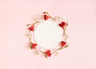 Red and white flowers around empty white space on pink background. Minimal spring flat lay composition with copy space for text.