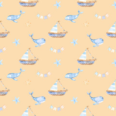 Watercolor marine pattern of beige seashells,garlands with flags,blue whale and a boat for design and decor on beige. Great for cards, posters, coupons, baby products, decorative paper, and any design