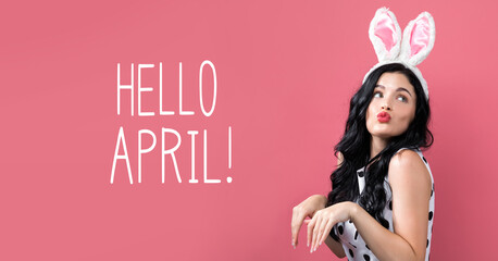 Hello April message with woman with Easter theme