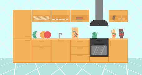 Elegant bright kitchen interior with cookware and equipment. Colorful vector illustration.