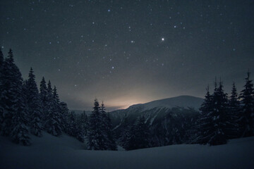 Fototapeta na wymiar Night winter landscape in Godeanu Mountains, Carpathians, Romania, Europe