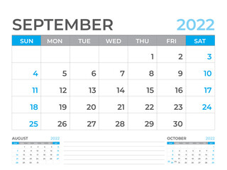 September 2022 page, Calendar 2022 template, Desk calendar, planner design, Wall calendar, week starts on sunday, stationery design, Desk office, organizer office, vector  - obrazy, fototapety, plakaty