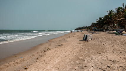 African surf board rent. Surf boards for rent at the beach. Kotu, The Gambia