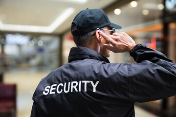 Security Guard Listening To Earpiece Against Building