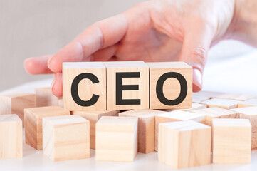 business woman hand change wood cube block with word CEO. Financial, Management, business and Economic concepts