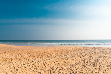 Fototapeta na wymiar Tropikalna plaża z pięknym piaskiem i oceanem w tle.