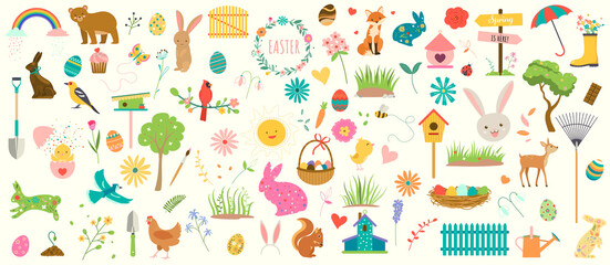 Spring and Easter Colorful Vector Illustration Set. Collection of flowers, birds, cute animals, eggs, nature items, and more. Hand drawn illustrations and doodles. 