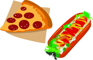 food illustration. pizza and hot dog on a white background.