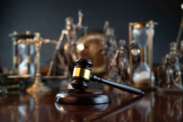 Law and justice concept. Law symbols composition: judge’s gavel, Themis  statue and scale.