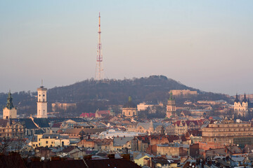 Winter panoramic view of the center of Lviv, Ukraine. Old buildings.