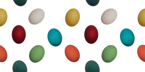 Seamless repeating pattern. Colorful chicken boiled eggs on a white background turned in different directions. The concept of Easter wallpaper for advertising, greeting cards and editing.