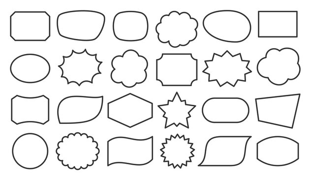Geometric shapes black line icon set. Outline cartoon abstract blank template for speech bubble, message balloon, text note box, price tag, paper memory sticker, think cloud frame, web banner, badge