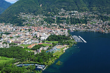 Fototapeta na wymiar South Switzerland: Airshot from Lido in Locarno where the film festival takes place