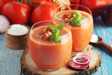 Cold Spanish soup Gazpacho served in glasses