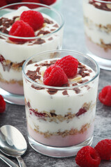 Granola with yogurt trifles with raspberry