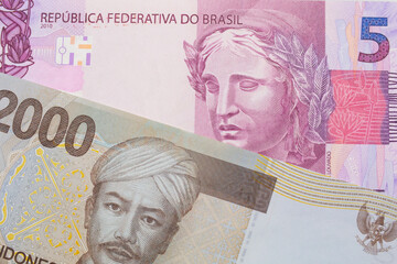 A macro image of a pink and purple five real bank note from Brazil paired up with a grey two thousand Indonesian rupiah bank note.  Shot close up in macro.